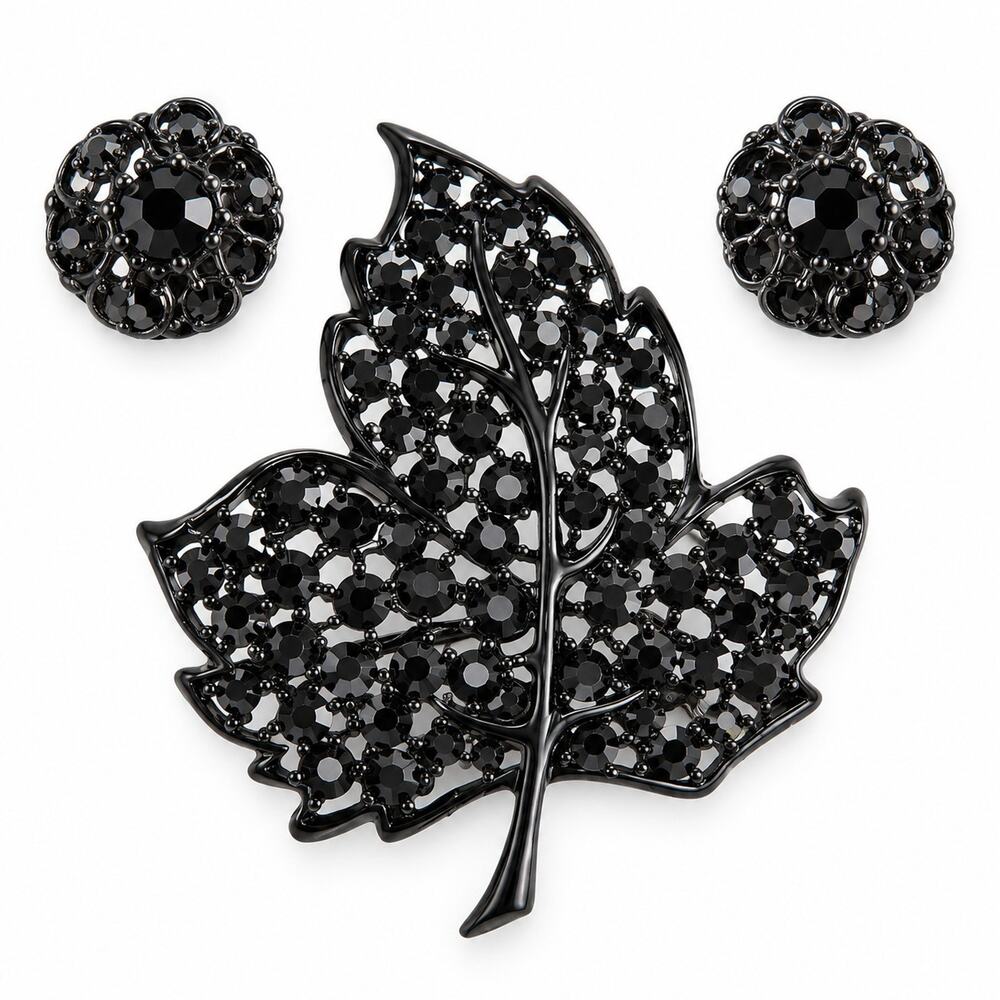 Vtg Weiss Black Japanned Rhinestone Maple Leaf Brooch Earrings Demi Parure Set